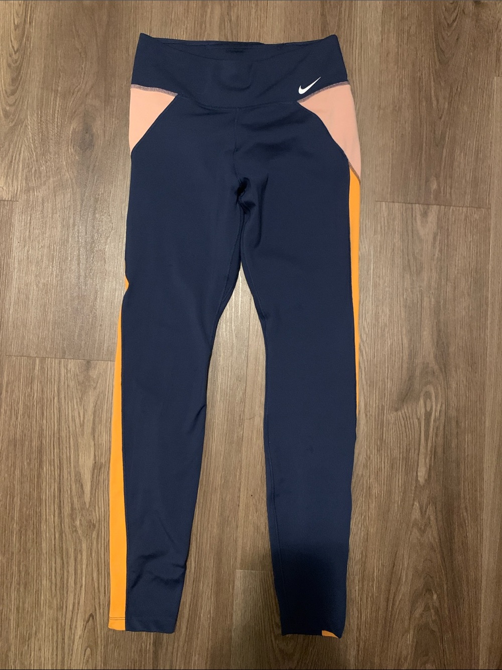 Nike Navy Leggings with Pink Panels and Orange Side Stripes